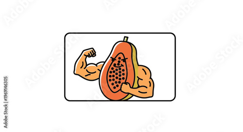 A vibrant cartoon papaya flexing its powerful biceps, symbolizing healthy strength and natural