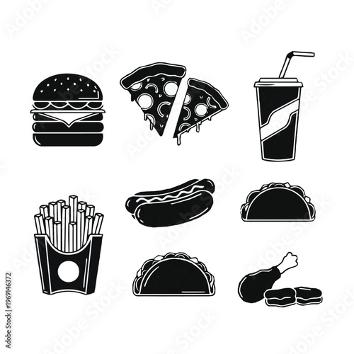 Black and white illustrations of various fast food items