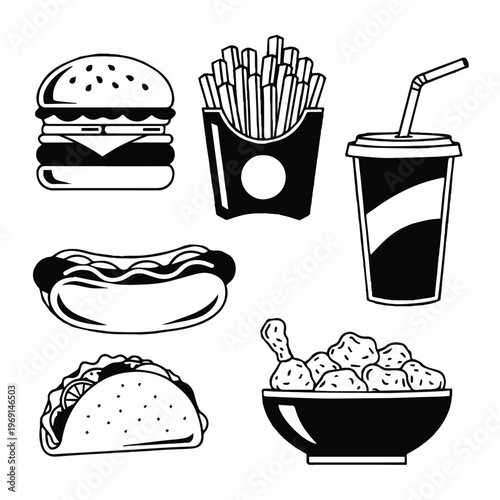 Black and white illustration of various fast food items