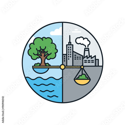 Circular graphic depicting environmental balance nature vs. industry