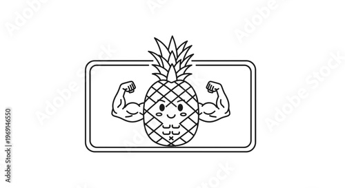 Mighty pineapple character flexing muscular biceps, showcasing fruit-powered strength and vibrant