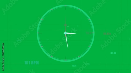 Clock HUD starting on TICK, hands rotating, counters updating lap,BPM for timing on transparent UI