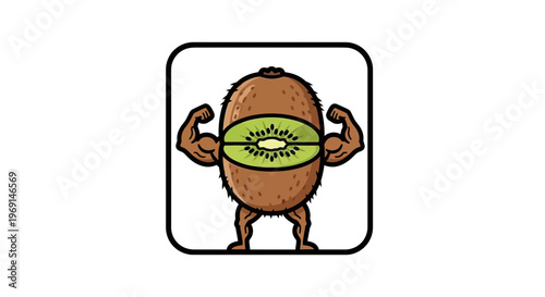 Vibrant cartoon kiwi fruit flexing muscular arms, symbolizing strength, health, and energetic
