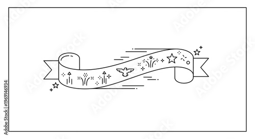 Stylized celebratory ribbon with festive fireworks and a peaceful soaring dove vector art