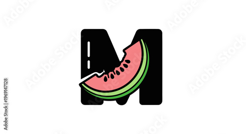 Bold M monogram emblem featuring a refreshing bitten watermelon wedge illustration on a clean