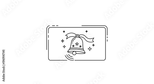 Festive digital notification bell with sparkling stars and celebratory ribbon icon graphic