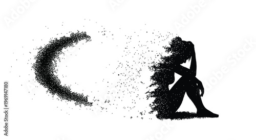 Distressed woman's silhouette illustration showing dissolution into a cloud of particles, symbolizing mental health struggle.