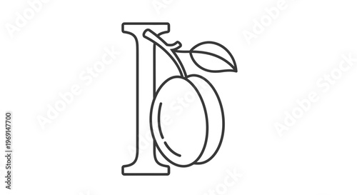 Elegant line art design combining a capital letter I with a freshly picked ripe plum on a branch