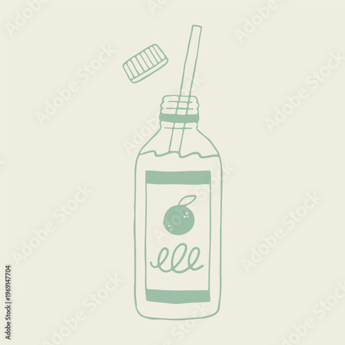 Hand drawn vector of an orange juice glass bottle with an open cap and a drinking straw inside. Clean line art illustration featuring a minimal citrus fruit label and a modern hand drawn logo style