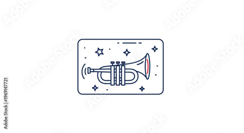 Minimalist line art illustration featuring a trumpet with sound waves and sparkling elements on a
