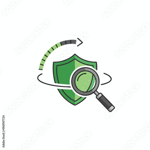 Green shield with magnifying glass and circular progress arrow, symbolizing security