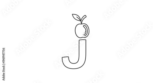 Minimalist line art illustration featuring the lowercase letter j with a fresh apple icon serving