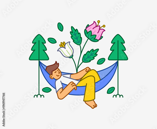A man relaxing in a hammock between trees with flowers and leaves around calm outdoor scene representing rest, nature, and peaceful lifestyle in a colorful cartoon style