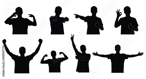 Vector illustration collection of diverse male silhouettes showing various human gesture and communication expressions.