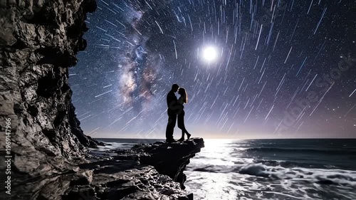 Romantic Couple Standing on Ocean Cliff Under Milky Way Galaxy Night Sky