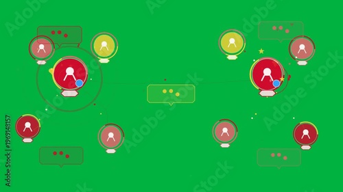 Opening central yellow bubble starting mirrored hubs pulsing, linking, signaling on transparent bg