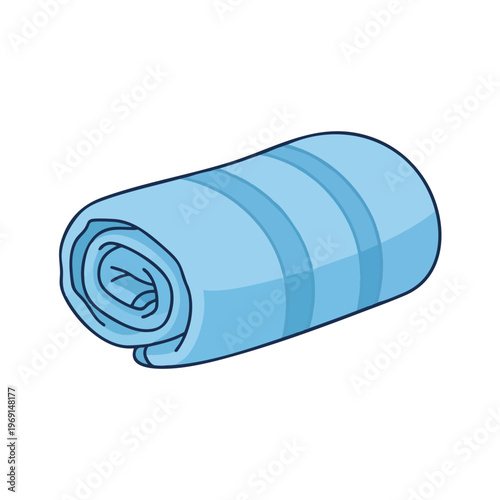A rolled-up light blue towel with darker blue stripes and black outline