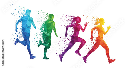 Diverse group of colorful geometric runners illustrating movement and speed in a modern vector graphic design.