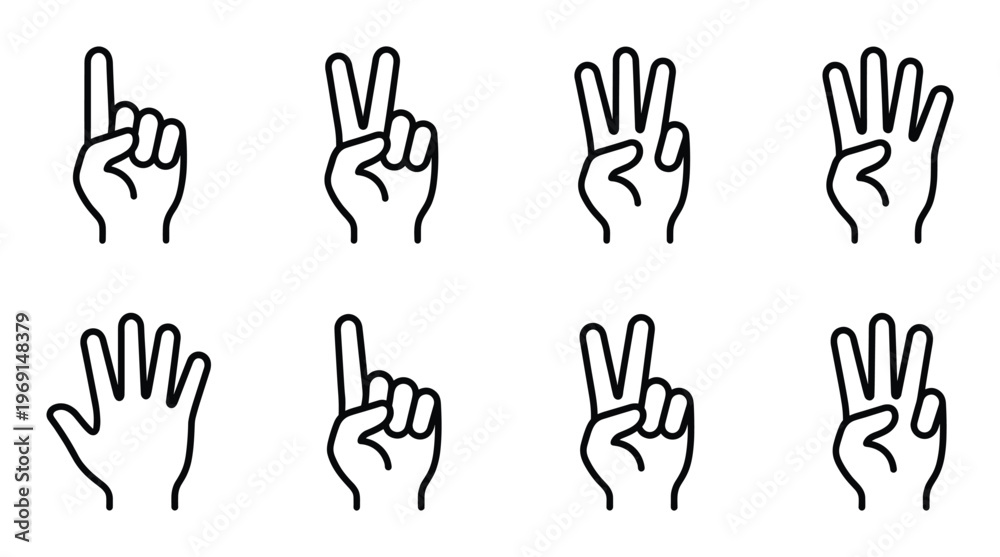 Fototapeta premium Counting fingers hand gesture collection showing numbers from one to five in thin outline vector art