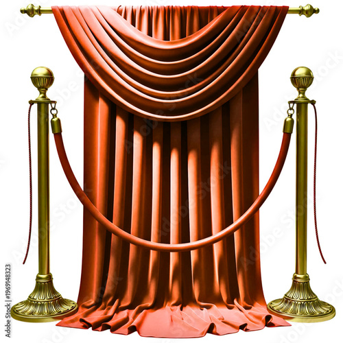 Red Luxury Stage Curtain with Gold Stanchions and Velvet Rope Isolated