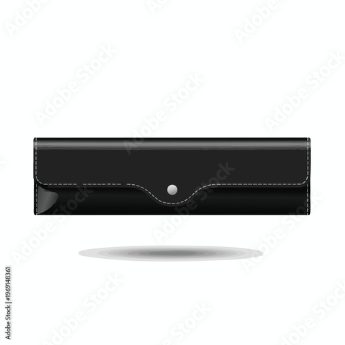 Black protective case with stitching and button closure, casting a shadow