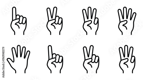 Counting fingers hand gesture collection showing numbers from one to five in thin outline vector art