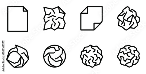 Crumpled paper sheet line icon set with crumpled and flat paper document vector illustration