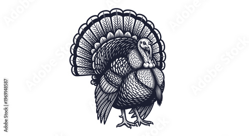 Detailed wild turkey graphic illustration with fanned tail feathers in a classic vintage engraving style