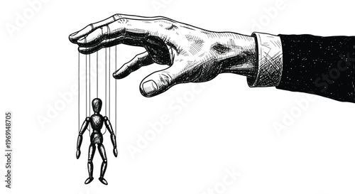 Large hand in a suit sleeve expertly manipulating a small marionette figure using strings, vector graphic concept.