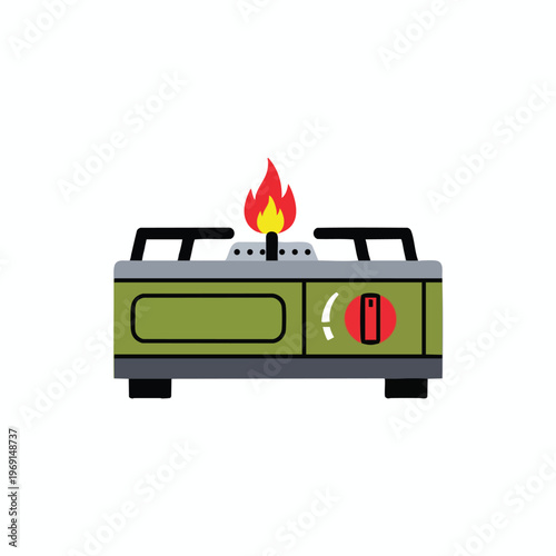 A portable gas stove with a flame burning brightly on its burner