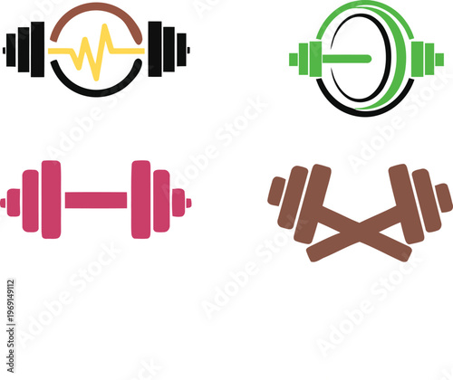 A bold collection of fitness and weightlifting logo designs featuring dumbbells, barbells, and strength training symbols. These modern and dynamic icons represent power, endurance, and an active lifes