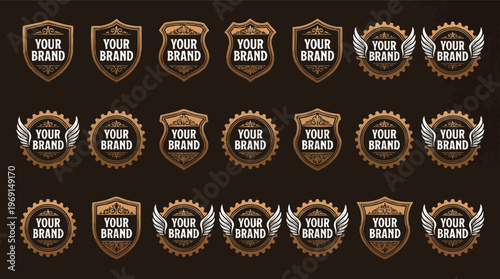 Vintage Bronze Logo Badge Templates with Shields and Gears.