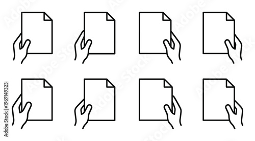 Hand holding paper icon set with left and right orientation showing document grip in black outlines