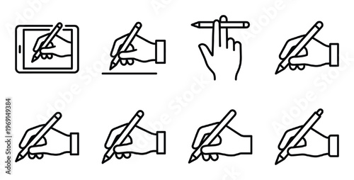 Hand holding pen and writing on tablet screen drawing writing digital stylus pen line art icons