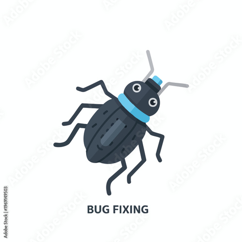 Cartoonish insect with legs, antennae, and a blue collar, representing bug fixing