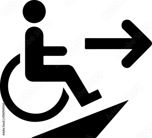 Accessible ramp sign, wheelchair symbol, directional arrow, black icon
