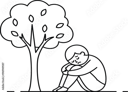 Sad boy sitting under an apple tree black and white