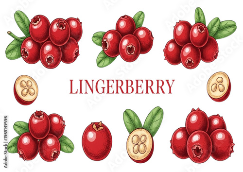 Lingonberry illustrations whole berries, halved berries, and leaves on white background