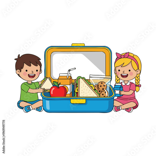 Two smiling children sitting by an open lunchbox filled with food and drinks