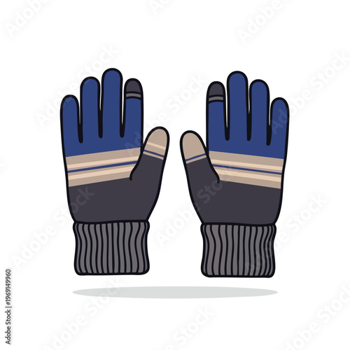 A pair of blue, gray, and tan striped knit gloves with ribbed cuffs