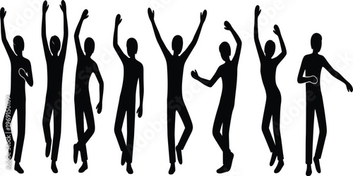 Silhouettes of people raising arms in a joyful celebration