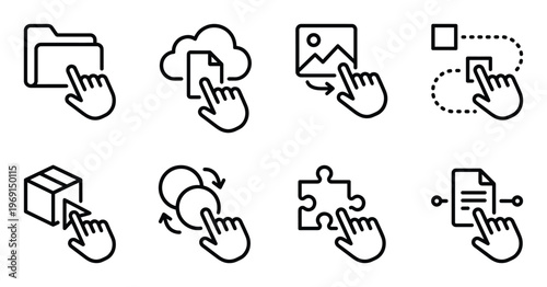 Interface interaction symbols with hand clicking folder and cloud icons for digital file management