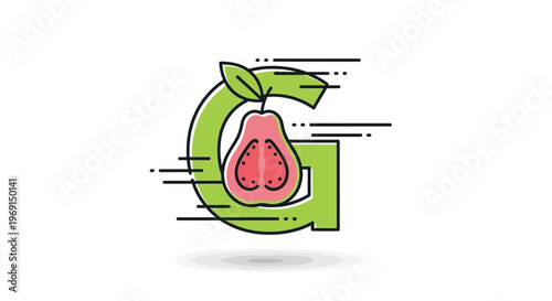 Vibrant guava fruit illustration elegantly intertwined with a modern green letter G for branding