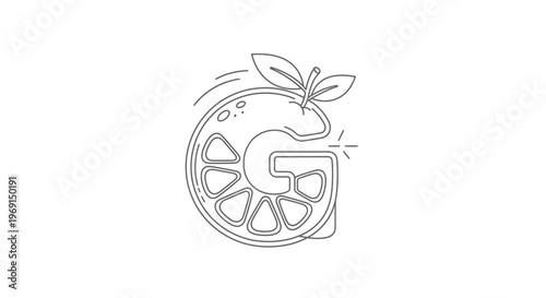 Modern minimalist line art letter G with integrated citrus fruit slice and leaf detail