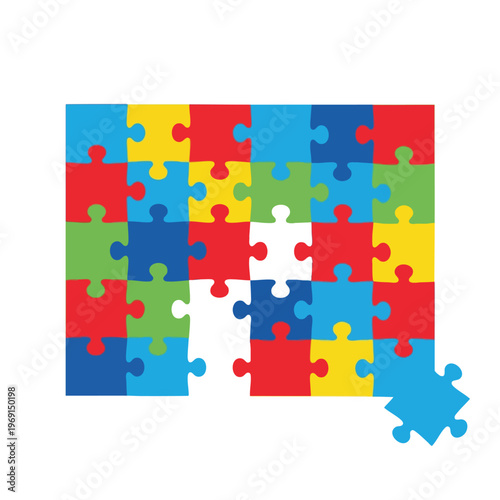 Colorful puzzle pieces form a grid with missing sections and one detached piece
