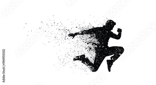 Dynamic vector illustration of an energetic person jumping with a particle dispersion effect
