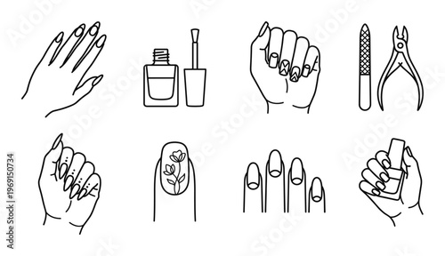 Nail care and manicure service icons featuring polish bottles file clippers and decorated fingertips