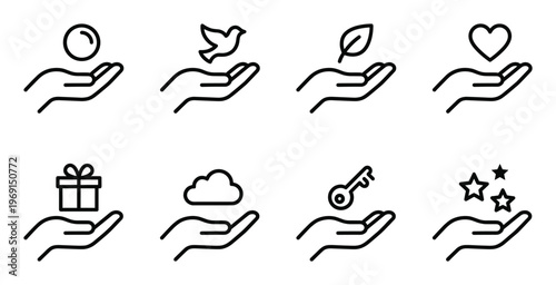 Open palm hand holding symbolic items icons including heart bird star gift and key for conceptual use