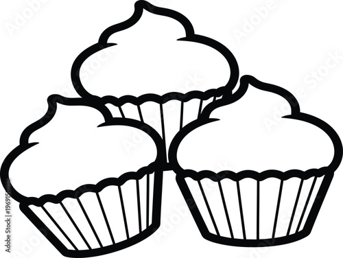 Three black and white cupcakes simple line art illustration