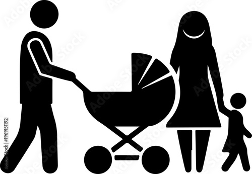 Family, parents, baby stroller, vector icon set, black silhouette, family life